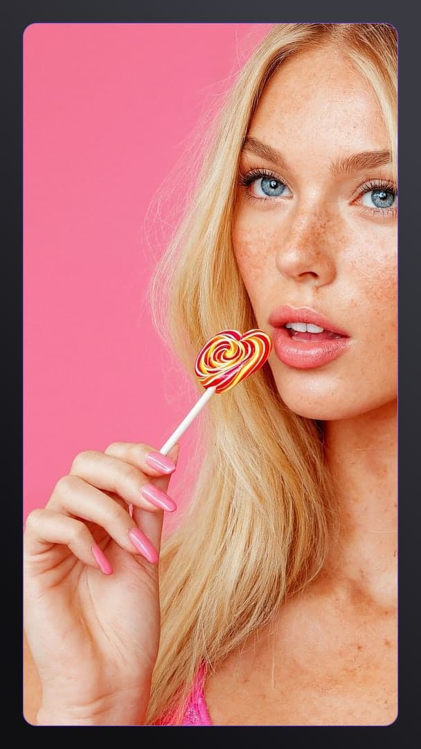 Blonde blue eyes pink lollipop closeup