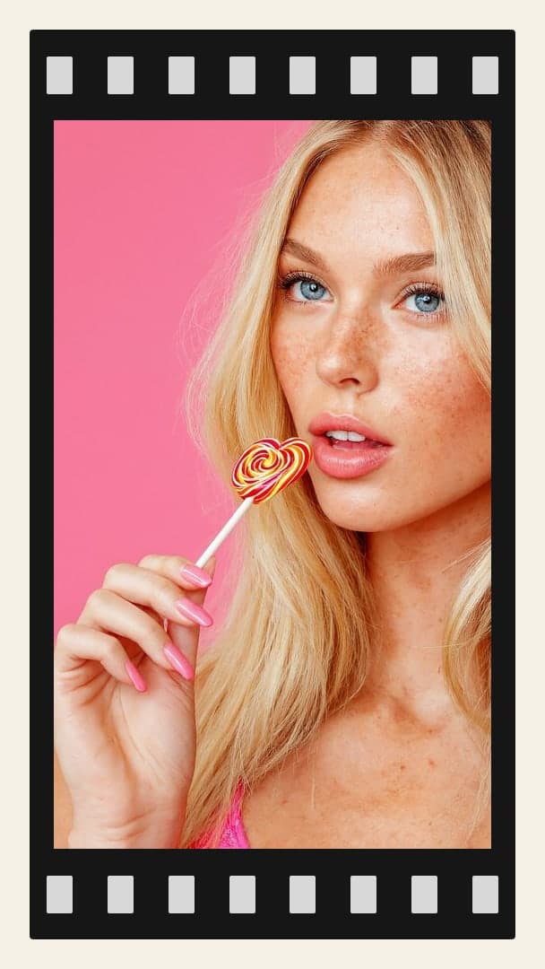 Young adult blonde licks lollipop