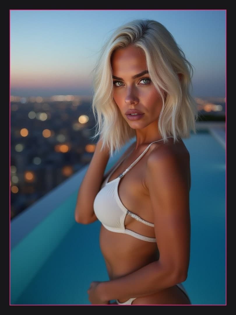 Blonde balcony pose at dusk