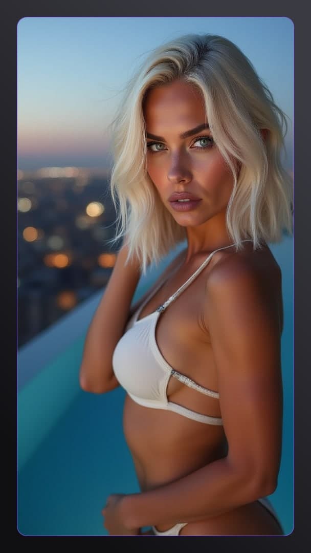 Rooftop bikini pose at dusk