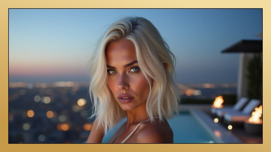 Slim blonde rooftop pool selfie