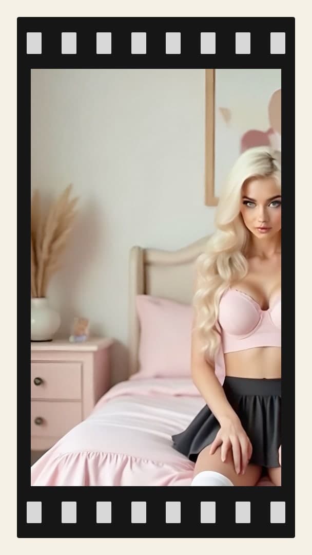 Blonde in pink bra on bed edge