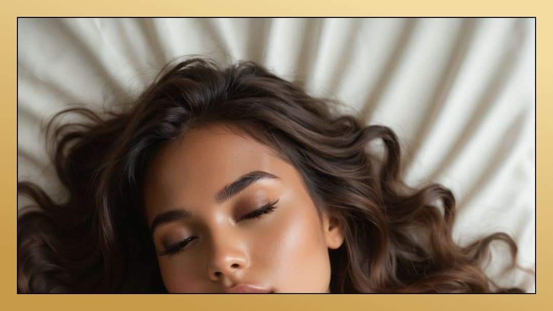 Relaxed face on rumpled white sheets