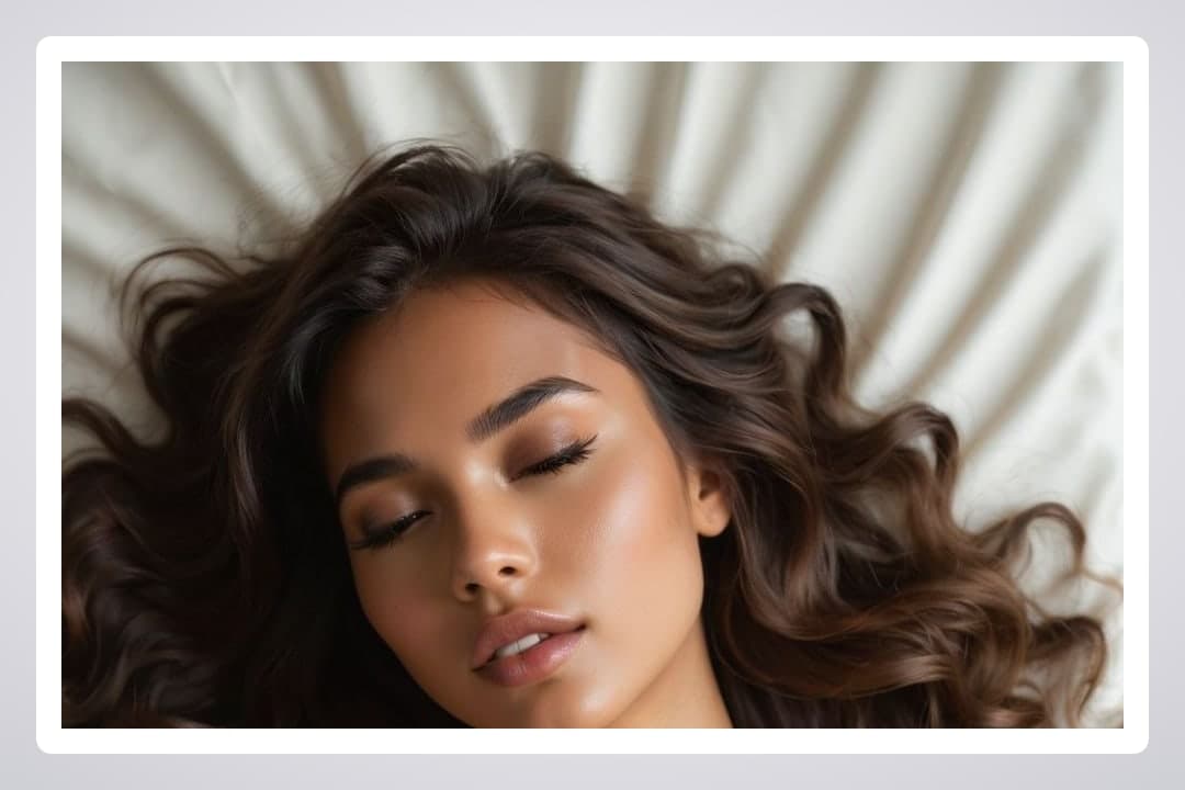 Wavy brown hair close-up on sheets
