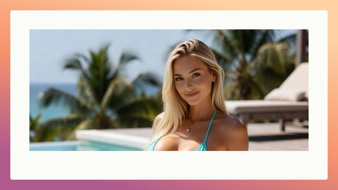 Busty blonde in tiny turquoise bikini