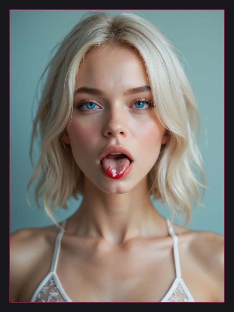 Blue eyed blonde tongue out selfie