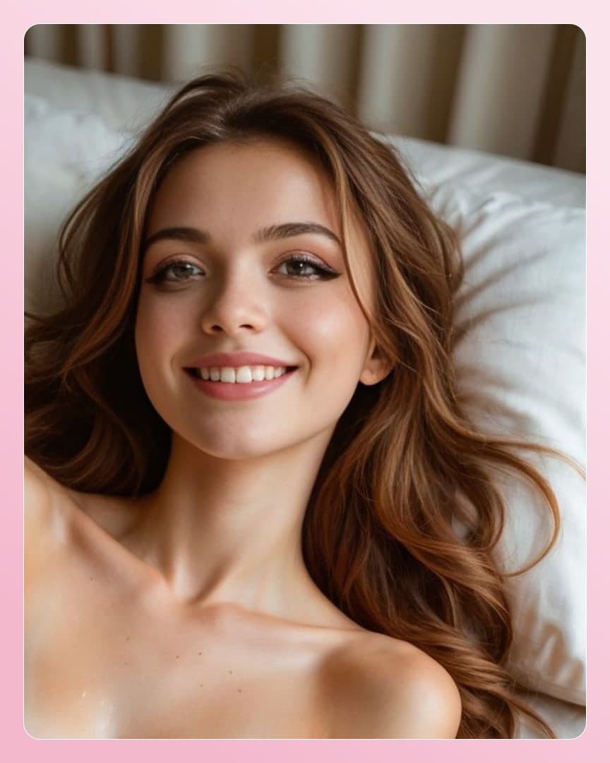Hazel eyes topless smile in bed