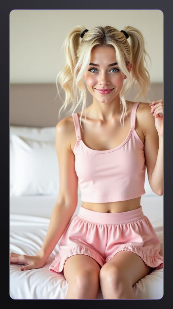 Athletic blonde in pink crop top on bed