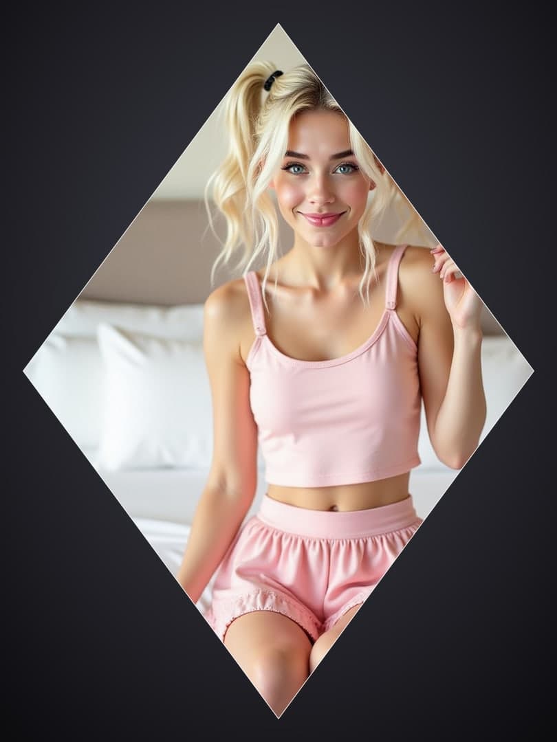 Athletic blonde in pink on bed