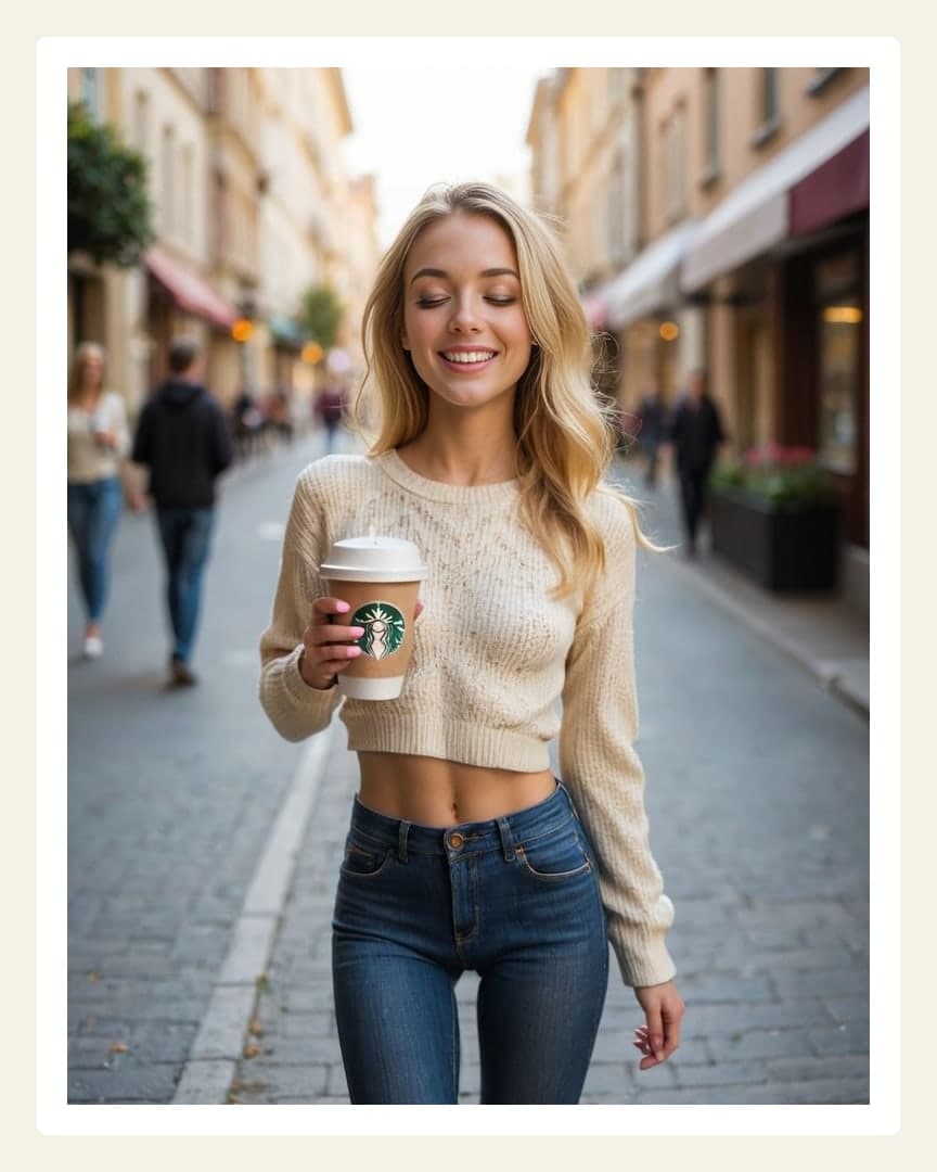Blonde in crop top on cobblestone street