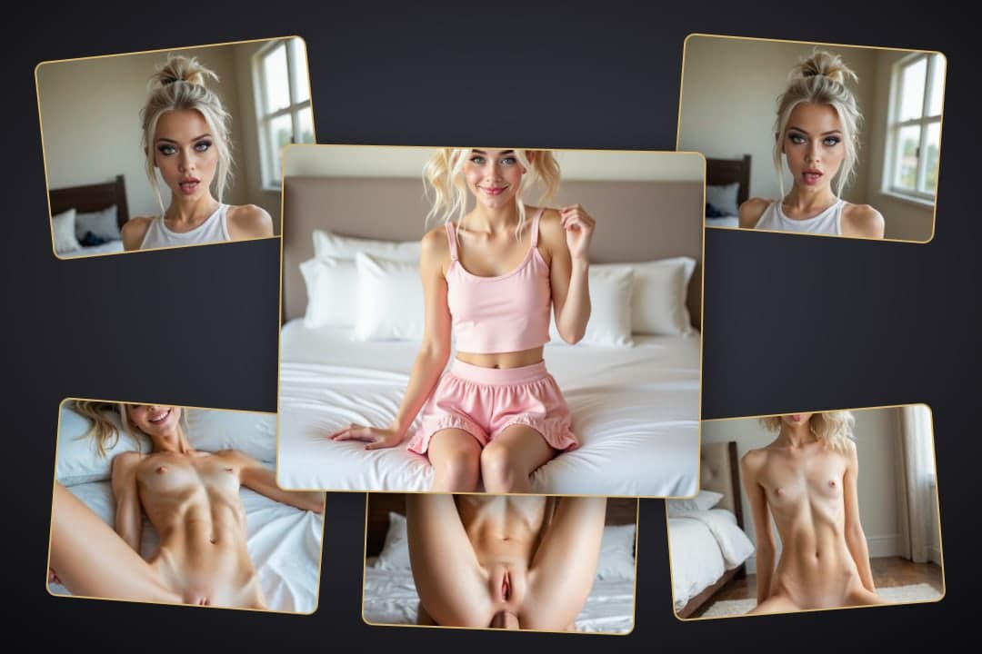 Bright blue eyes blonde on white bed