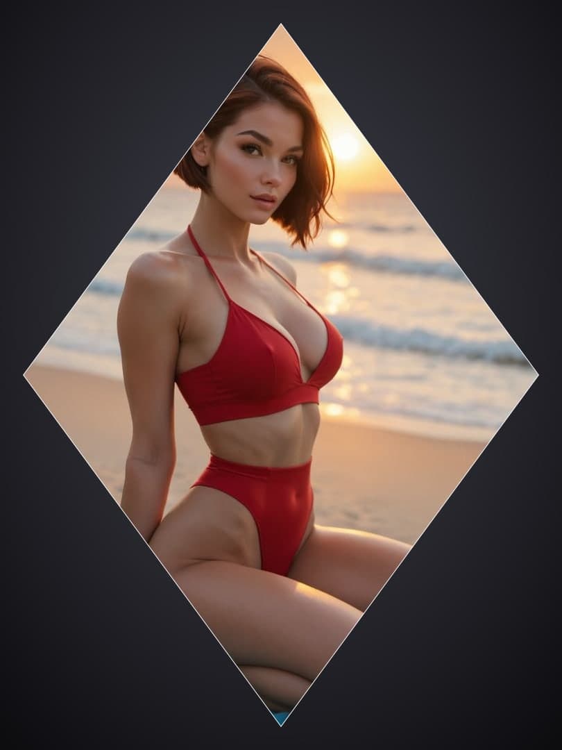 Red bikini sunset beach pose