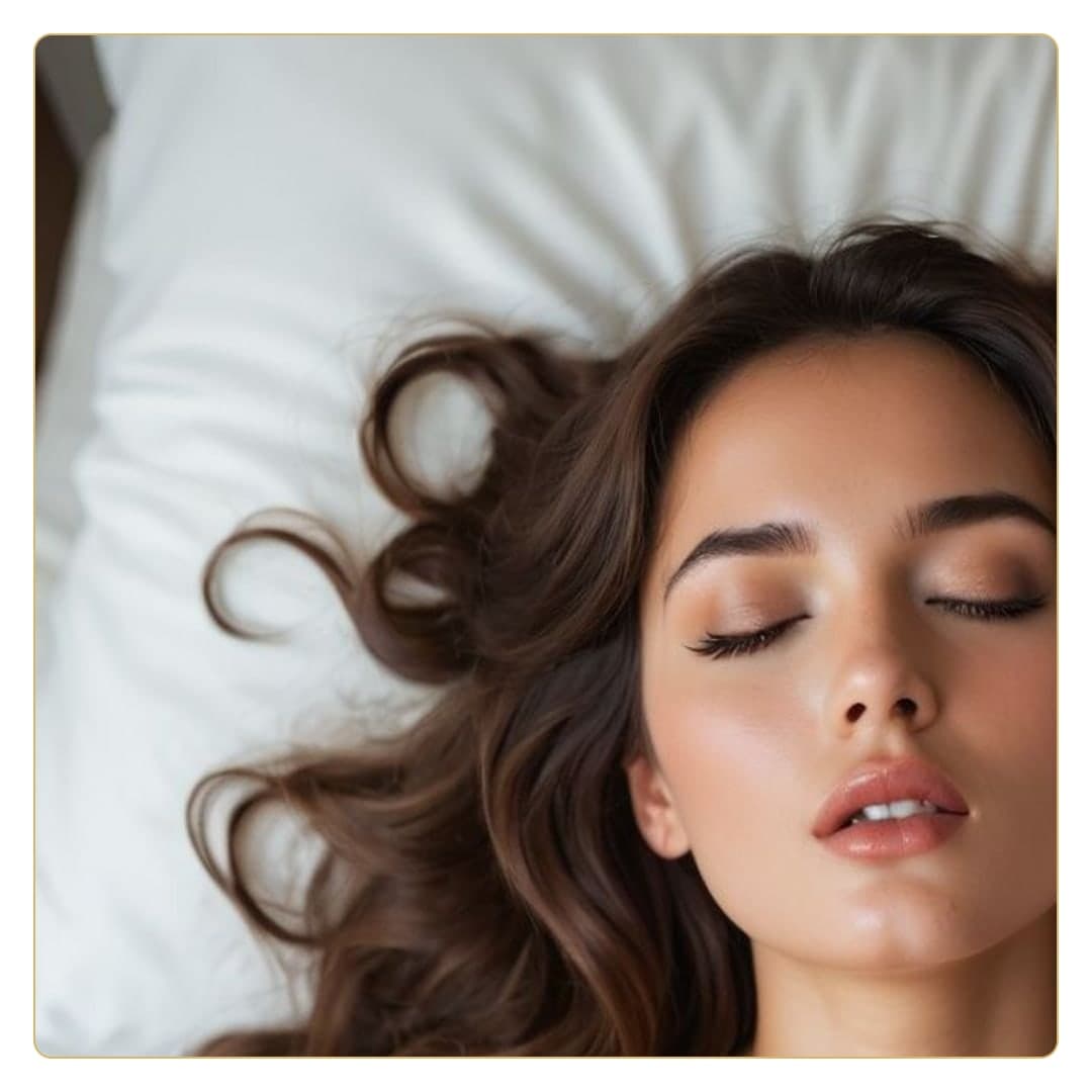 Relaxed beauty close-up on white pillow
