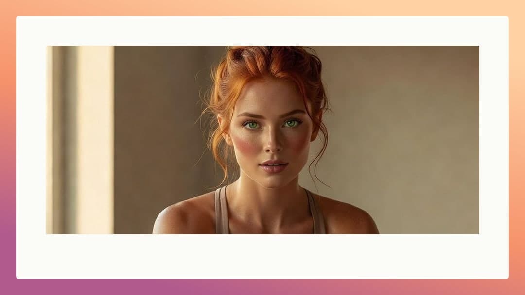 Redhead in beige tank top indoors