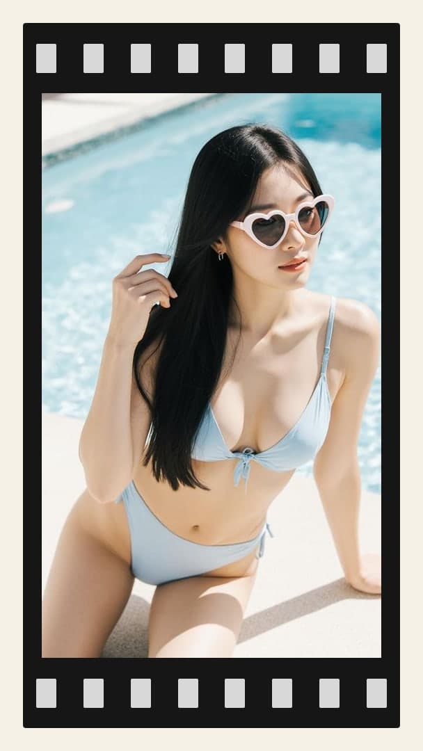 Kneeling poolside in light blue bikini