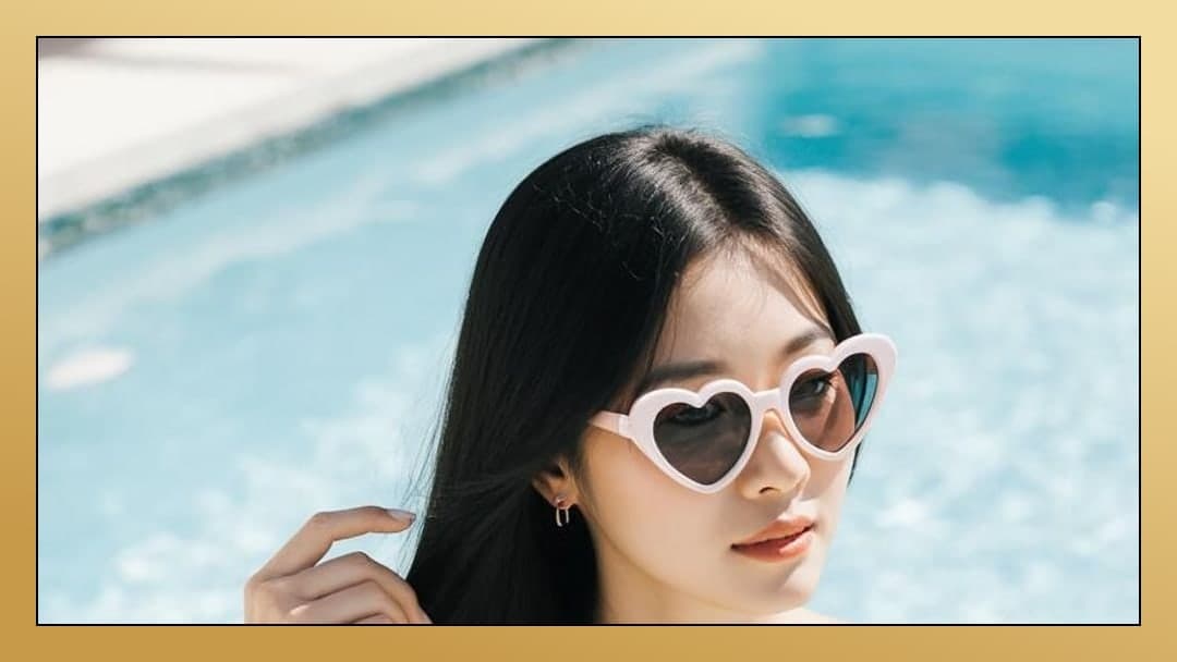 Young adult Asian topless poolside
