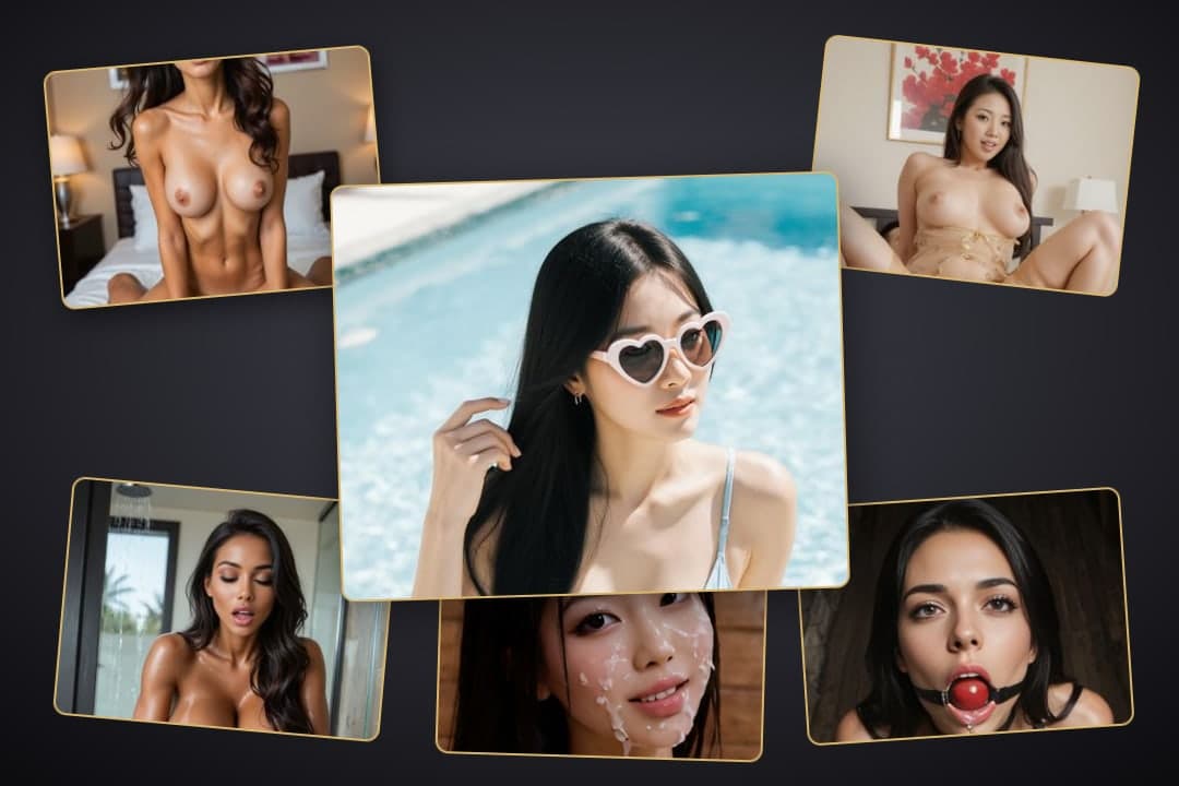 Poolside collage of five topless shots