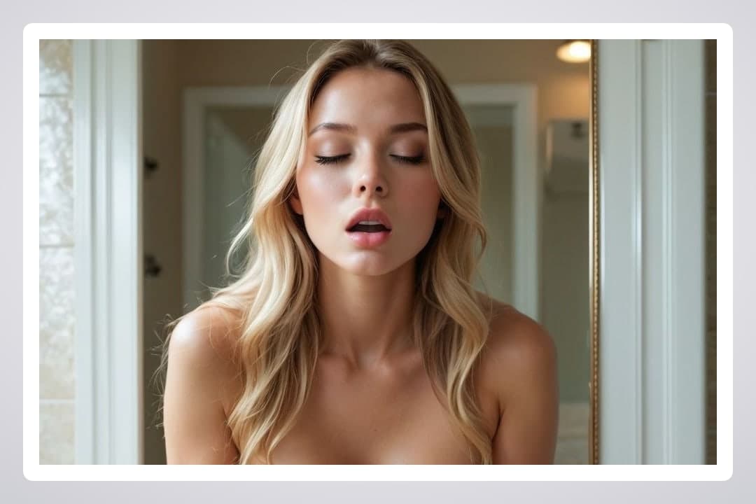Topless moan in bright bathroom