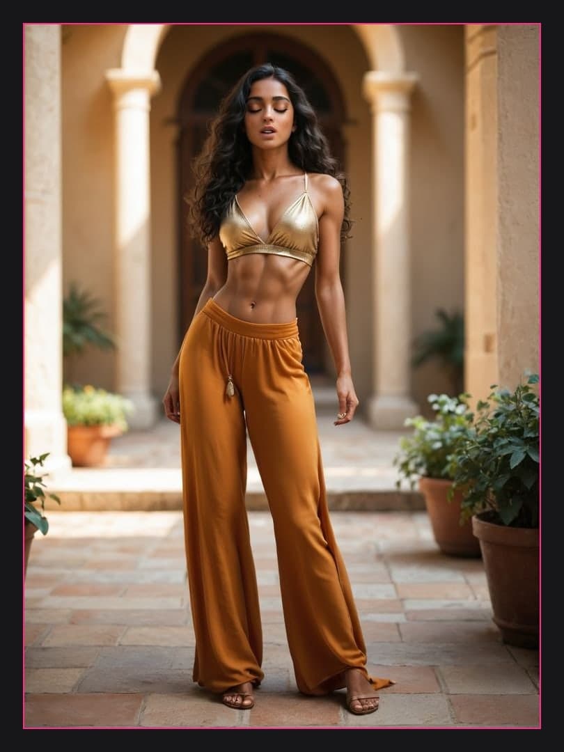 Athletic body in gold halter crop top