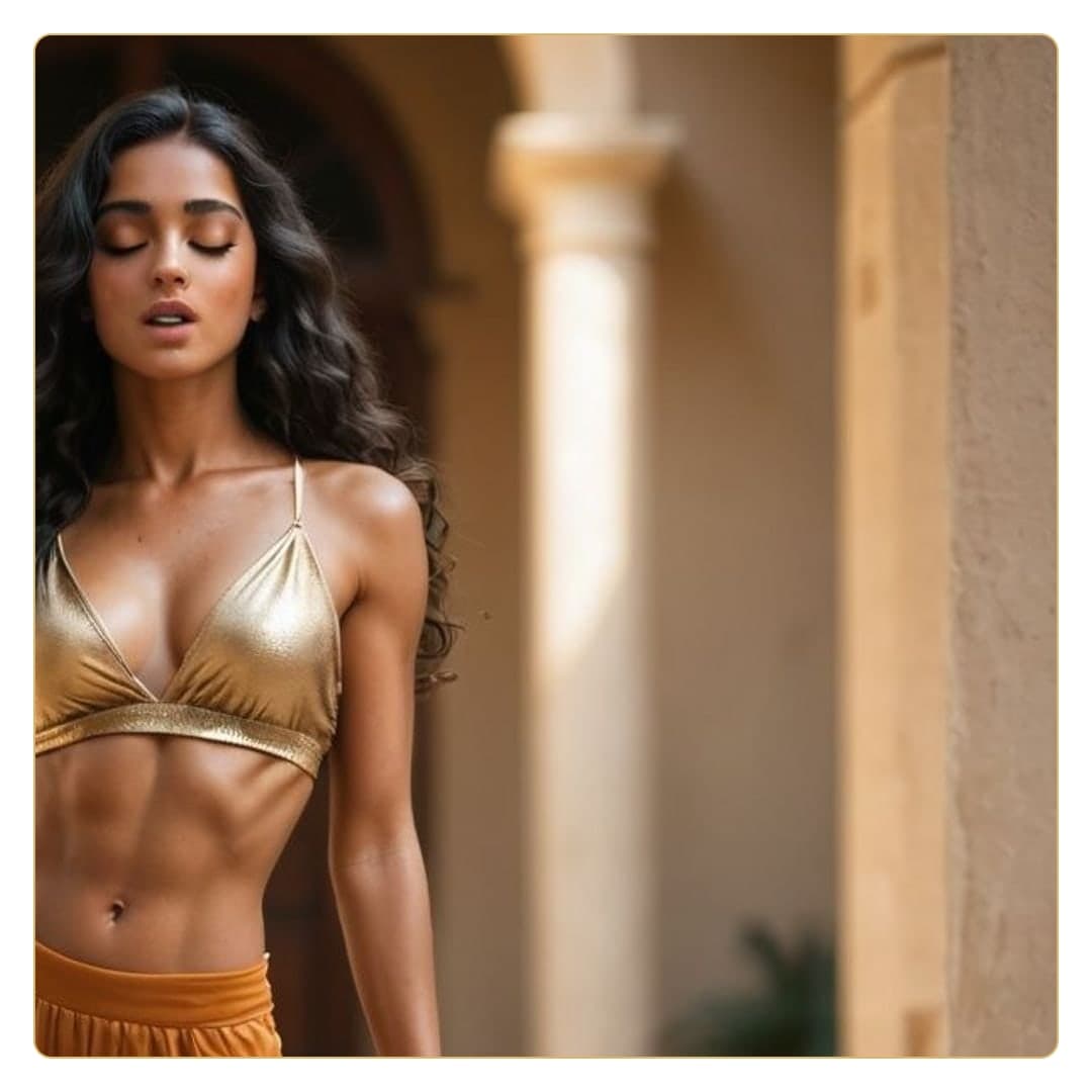 Athletic body in gold bikini close-up