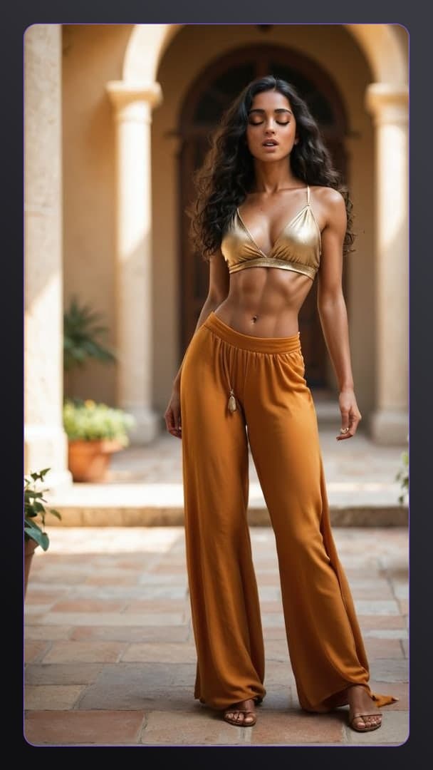 Gold halter bikini in sunny courtyard