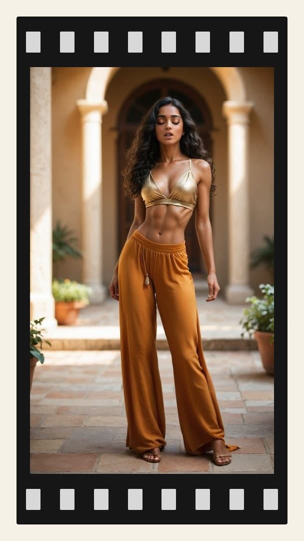 Sunlit courtyard bikini pose
