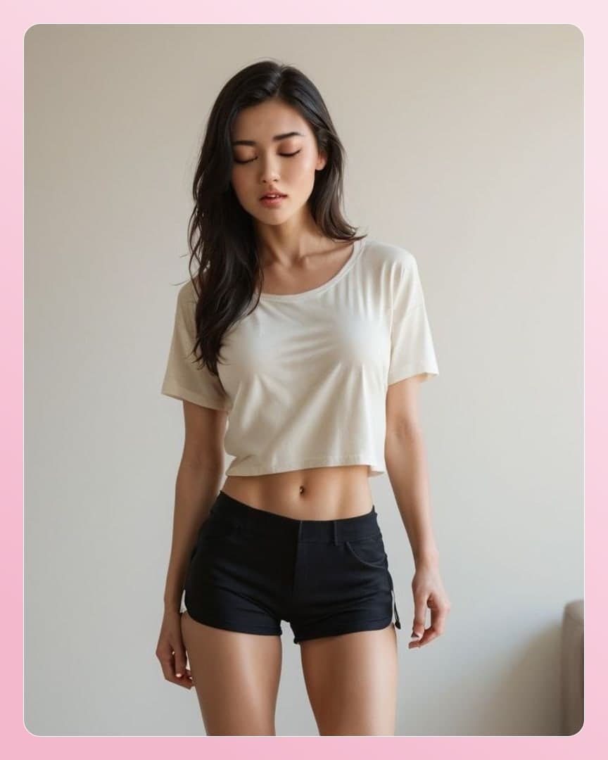 Slim Asian in cropped white tee