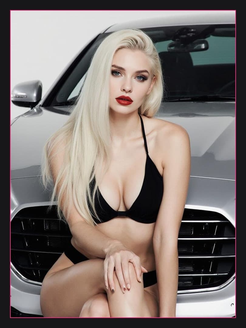 Blonde in micro bikini on car