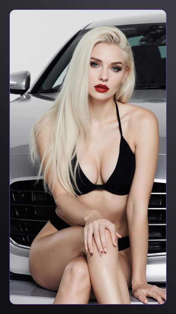 Platinum blonde on silver car hood