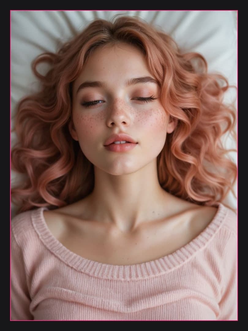 Pink hair relaxed on white sheets