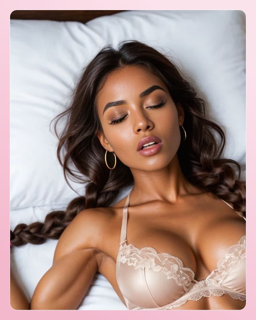 Brunette in beige lace bra on pillows