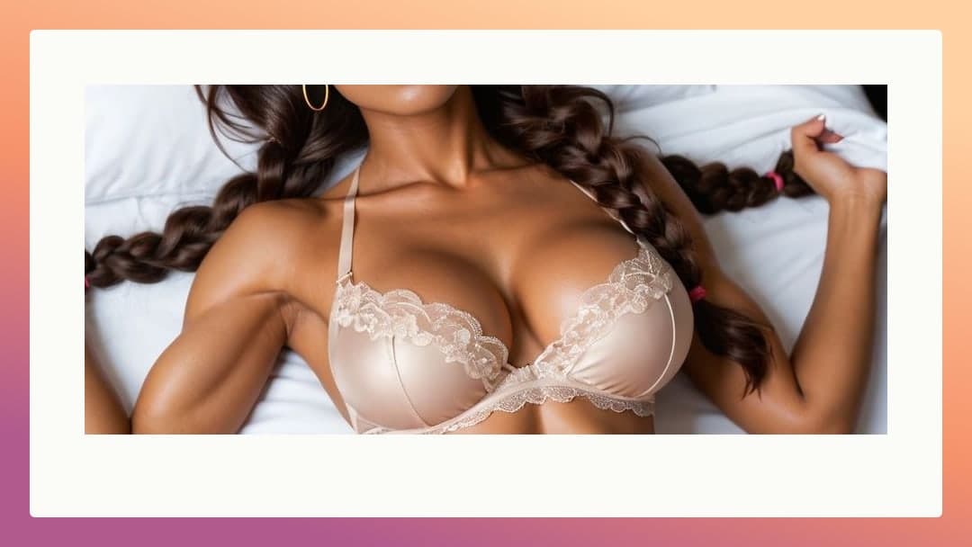 Braided brunette from above in beige bra
