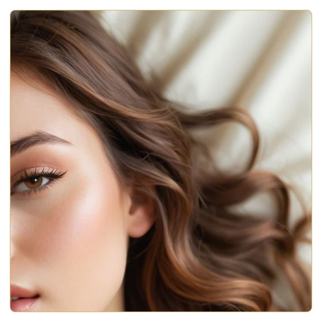 Wavy brown hair fanned on pillow