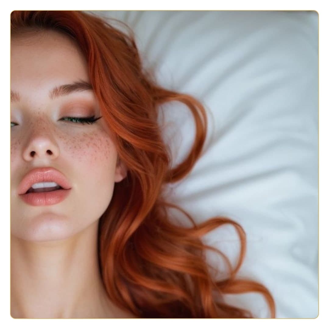 Young redhead topless on white sheets