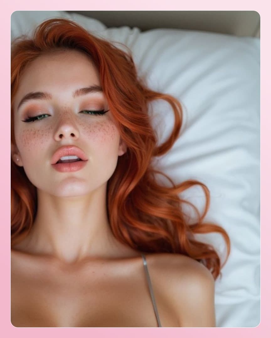Redhead topless on white sheets