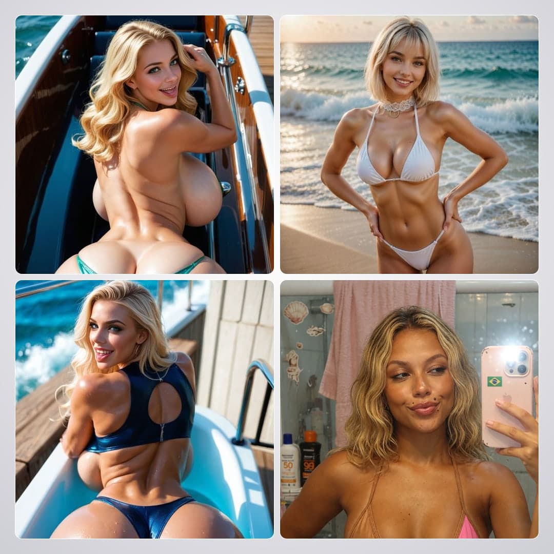 Tanned blonde bathroom bikini selfie
