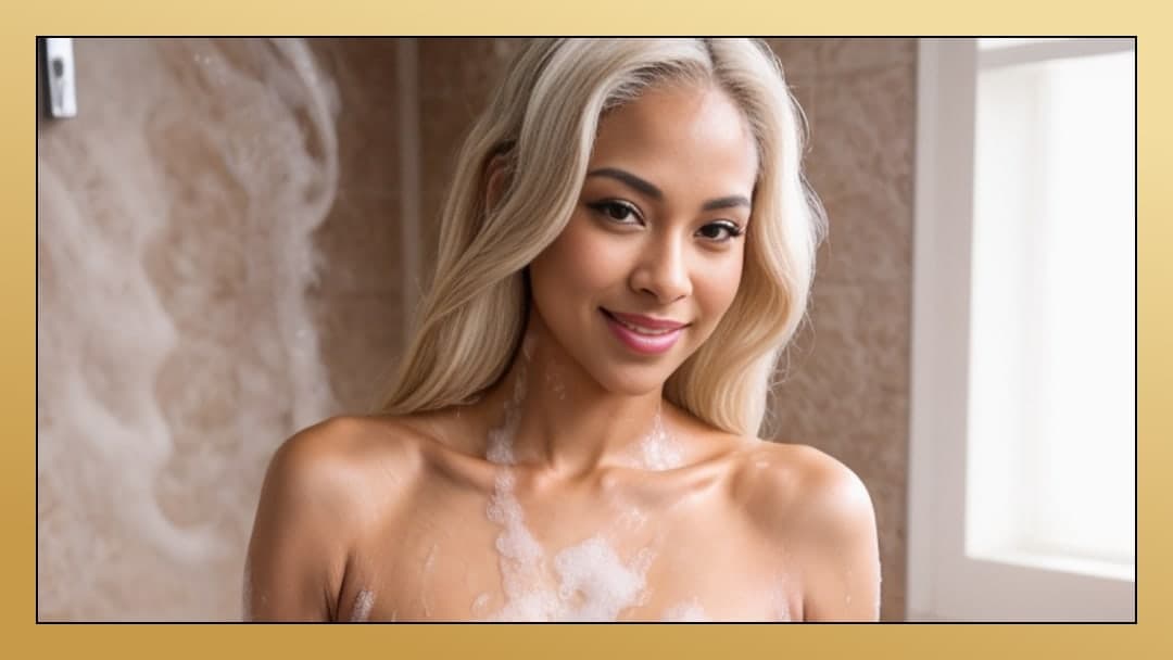 Platinum blonde selfie in shower