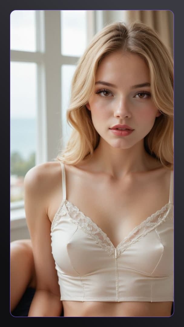 Cara in satin camisole by window