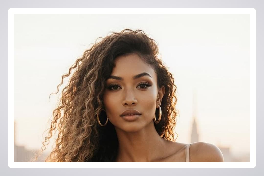 Curly brunette city skyline portrait