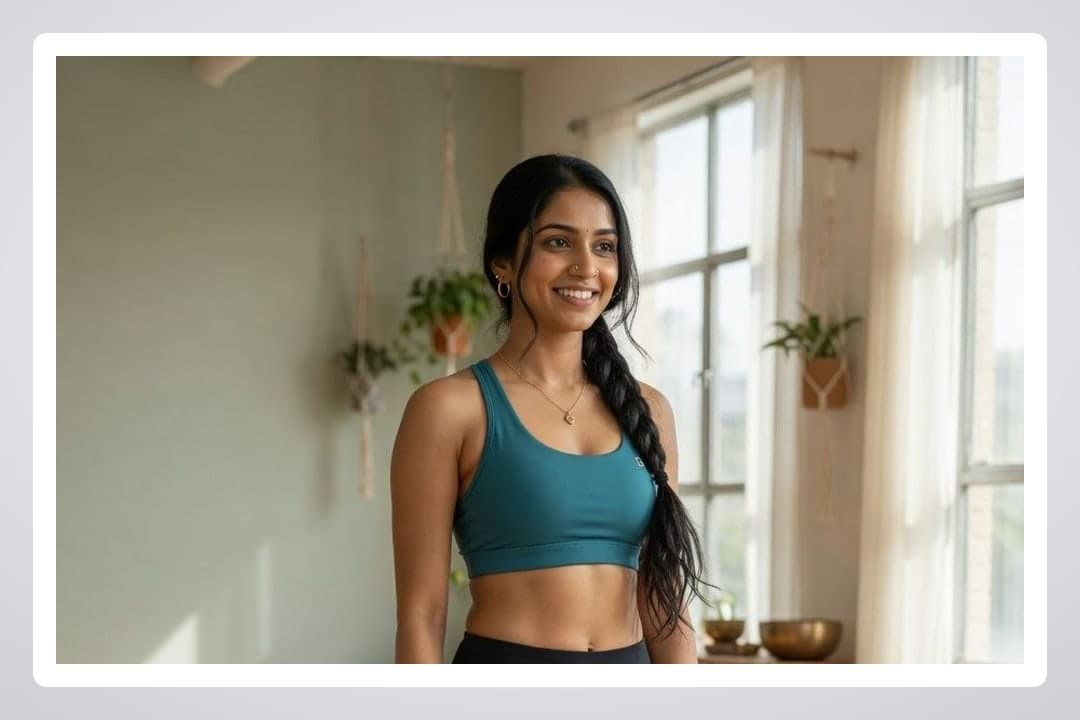 Waist-up portrait in teal sports bra