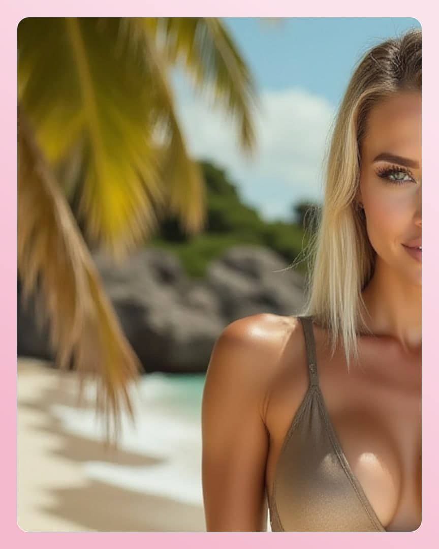 Curvy blonde cleavage beach portrait
