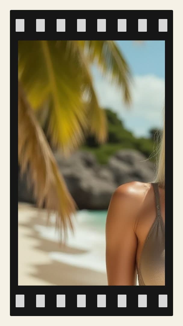Bronze bikini back on tropical beach
