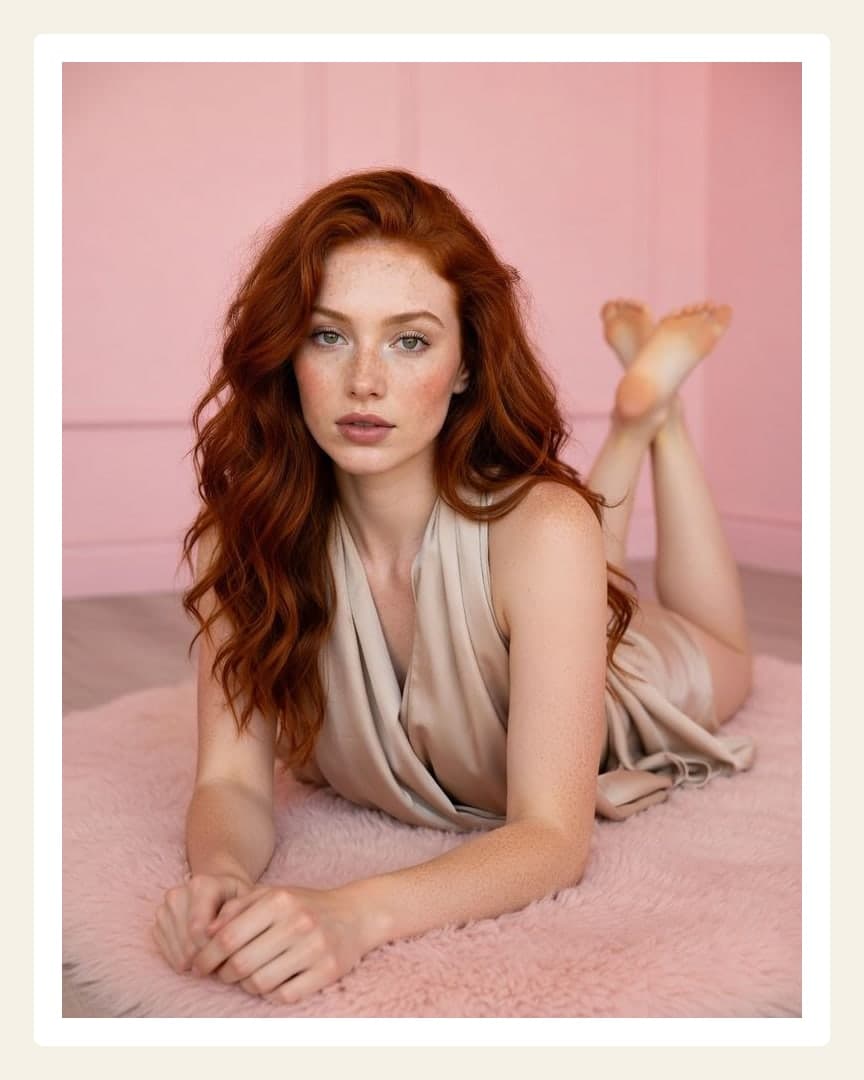 Redhead in beige dress on pink rug