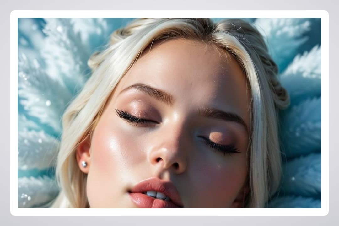 Platinum blonde face close-up on blue fluff