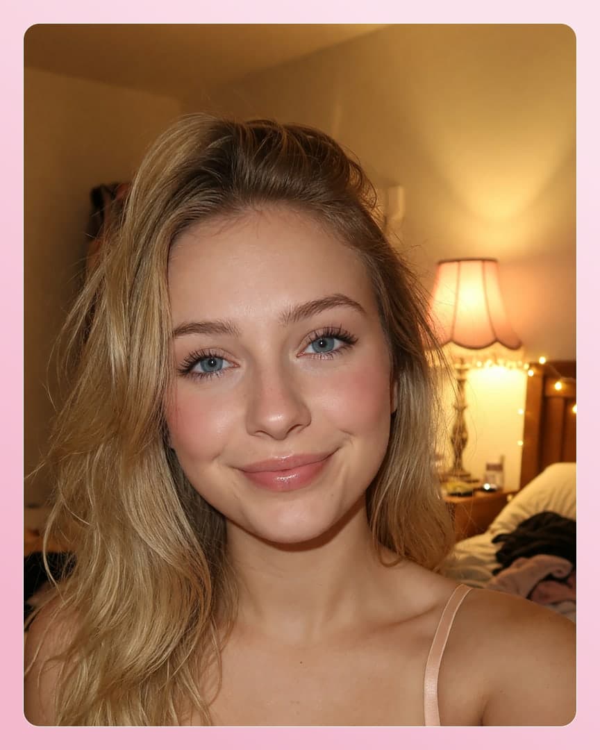 College blonde selfie in pink camisole