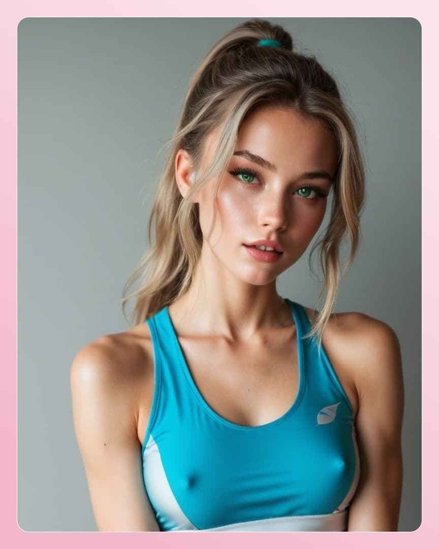 College blonde in turquoise sports bra