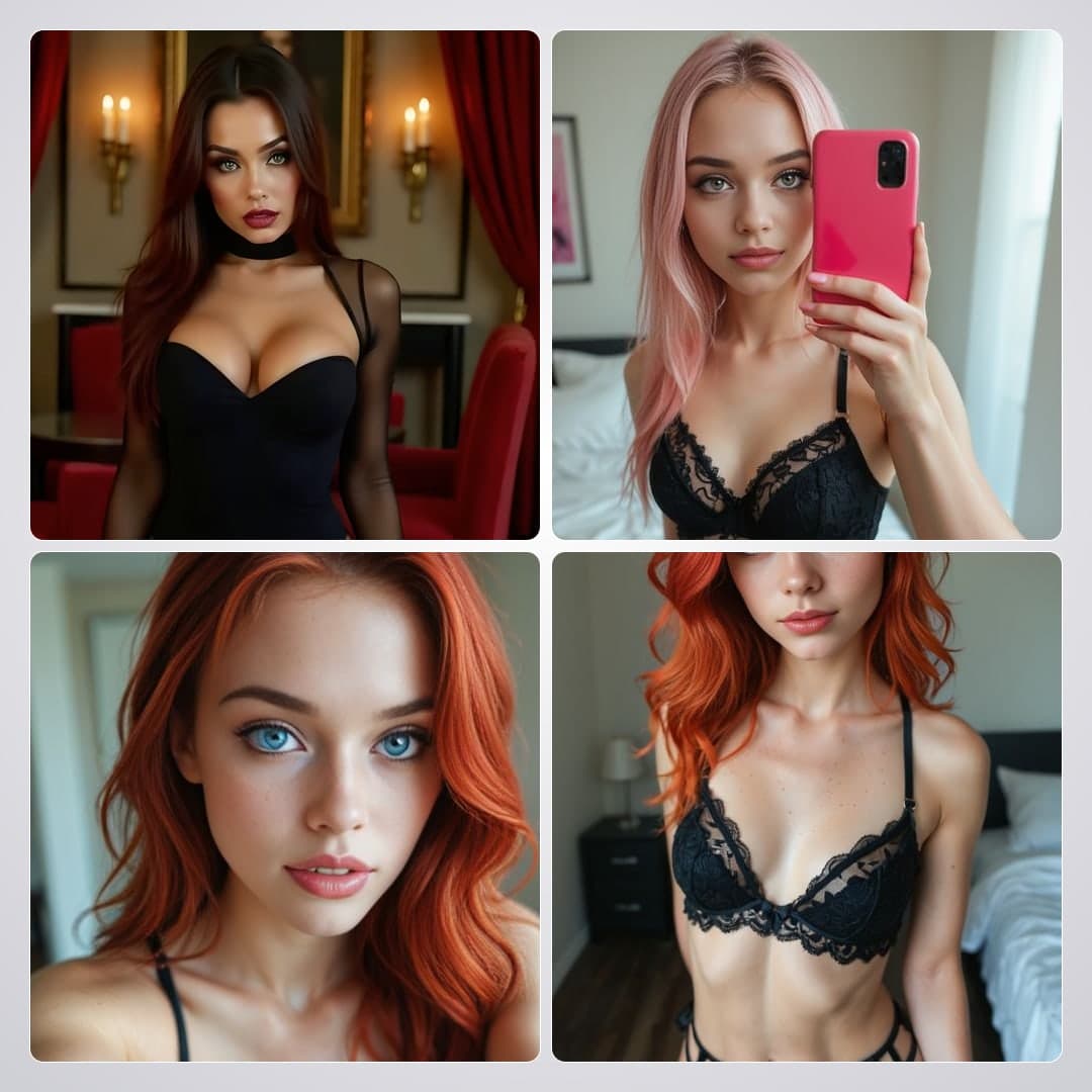Redhead selfie in pink lace bra
