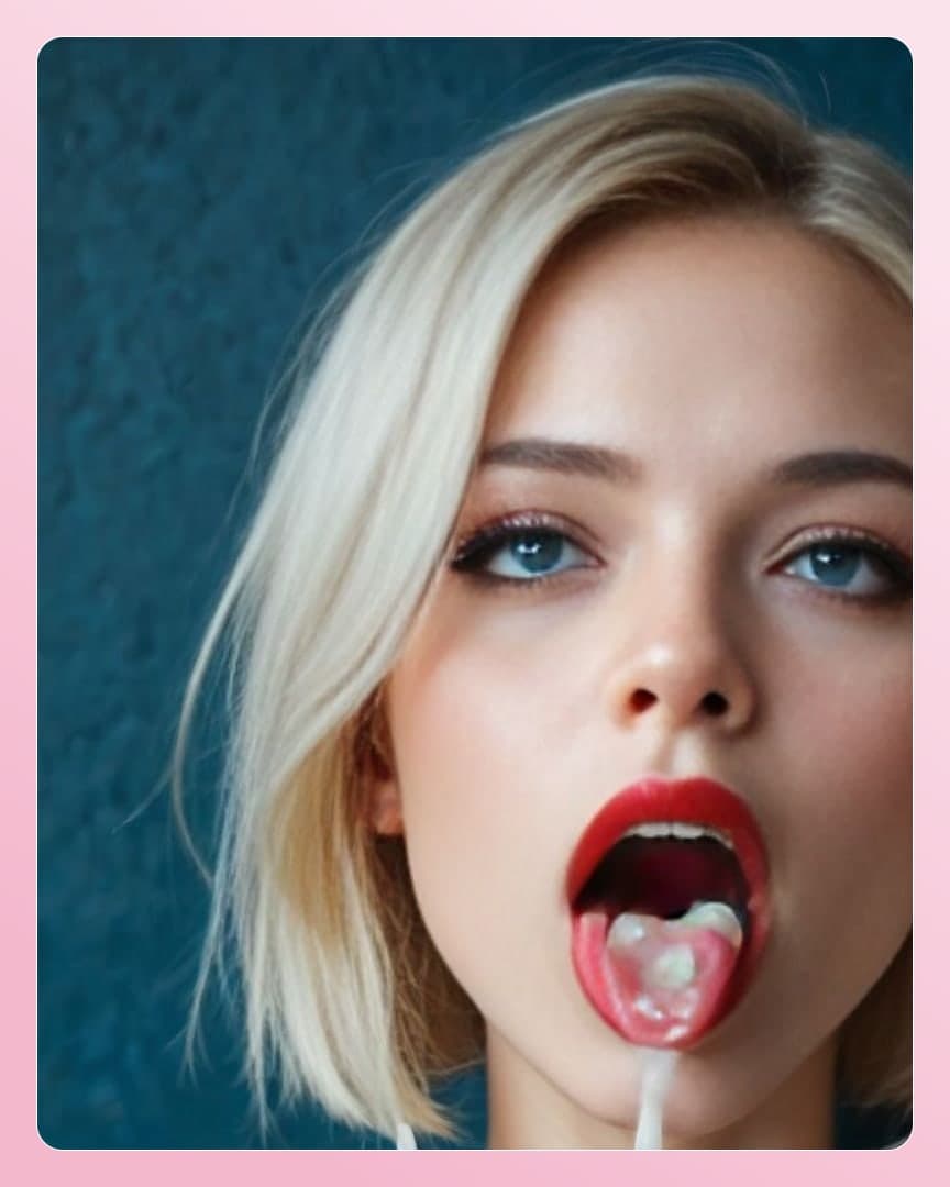 Close-up facial with cum on tongue