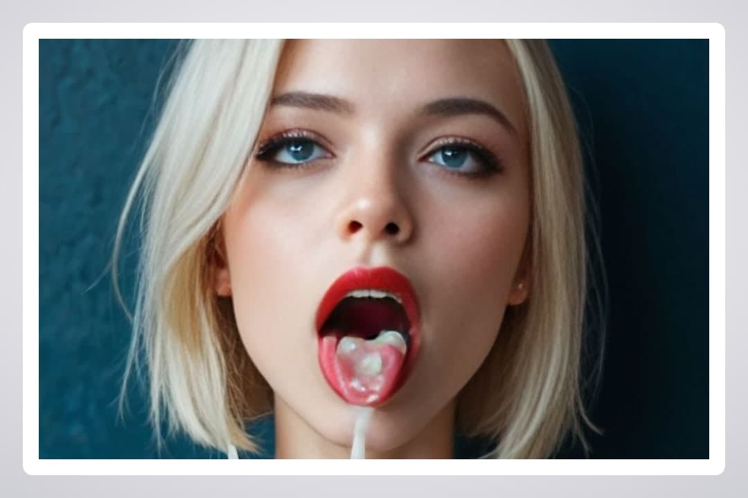 Cum dripping from blonde tongue