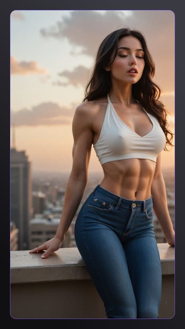 Young adult city skyline sunset pose